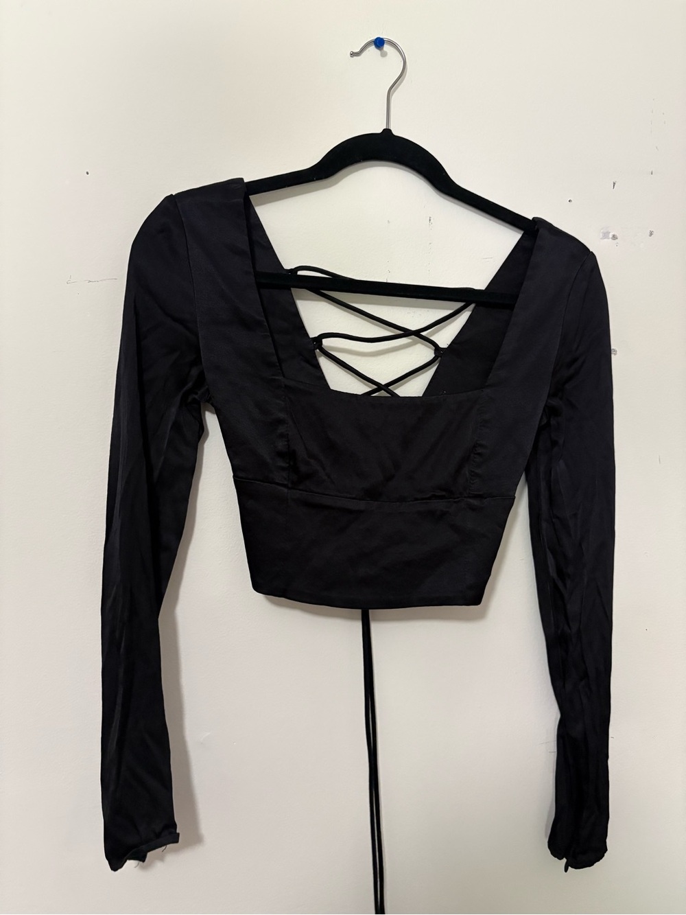 Zara Black Long-Sleeve Square Neck Crop Top with Lace-Up Back